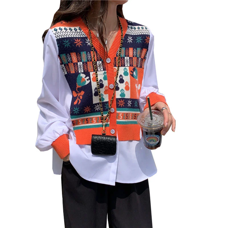 

Fake Two-piece Knitted Stitching Coat Fashion Women Spring Autumn Top 2023 Retro Cardigan Coats Lady Elegant Slim Sweater OK1096