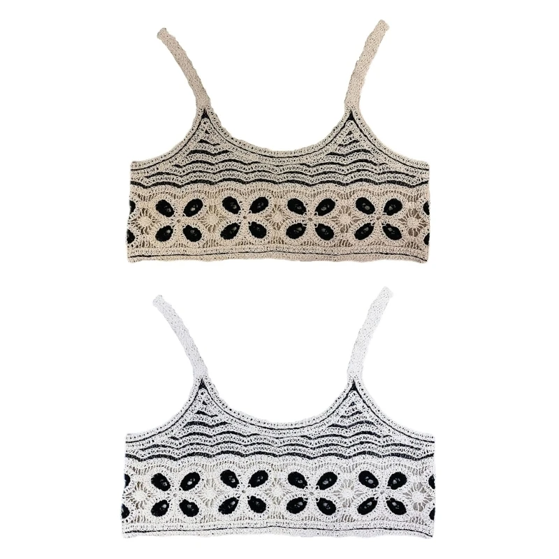 

573B Knit Short Tank Top Women Colorblock Floral Spaghetti Strap Crochet Mini Vest