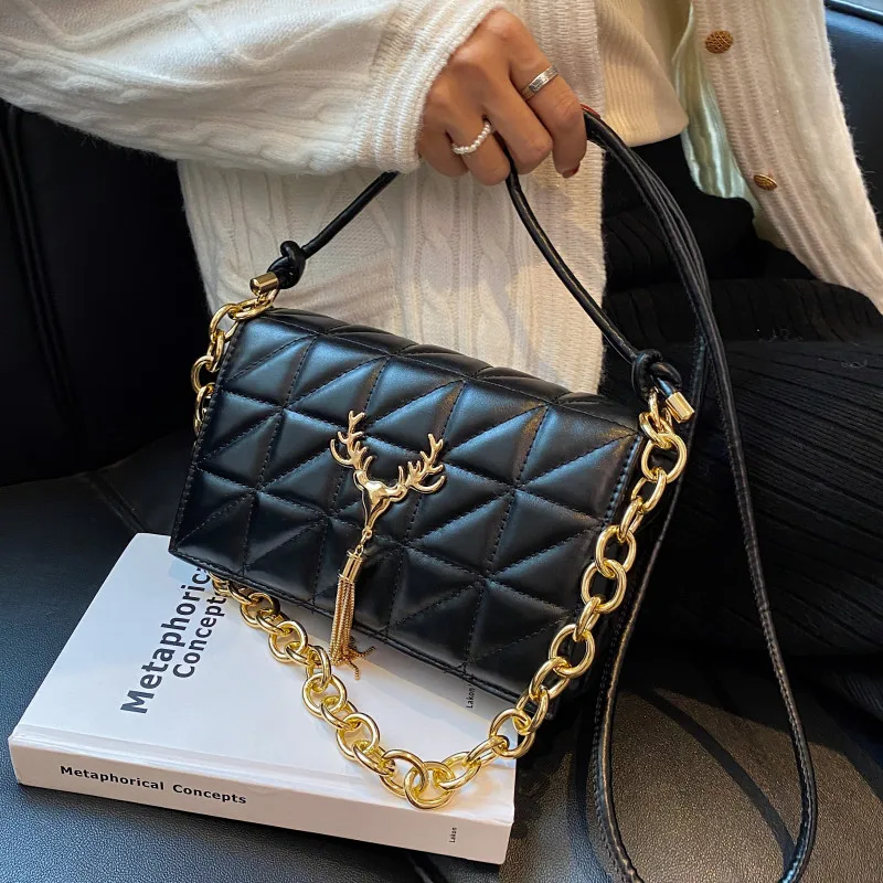 

Black Quilted Shoulder Bags for Women Chain Leather Crossbody Bag Small Flap Messenger Bag Ladies All Match Design Handbags Sac