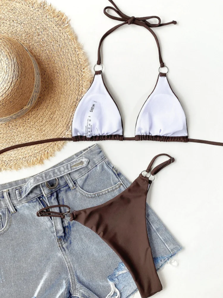 

Бикини женское однотонное из двух частей, на бретелях, с треугольными чашечками