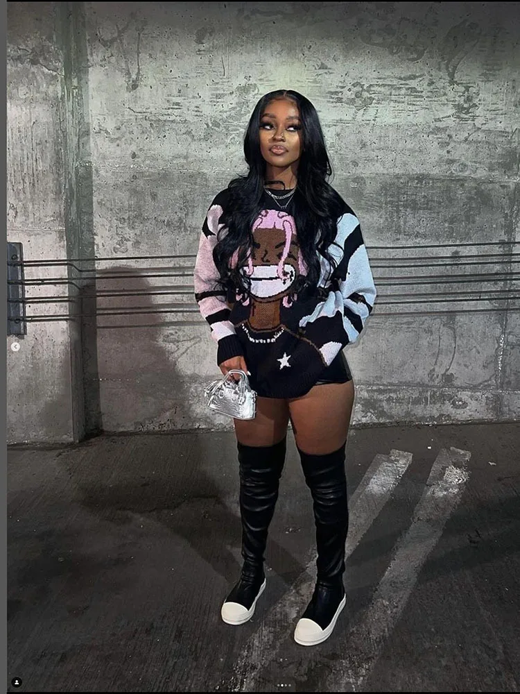 

Harajuku Women Sweater Knitted Cartoon Printed Tops 2023 Autumn Winter Streetwear Activewear Oversize Pullovers Hip Hop Jumper