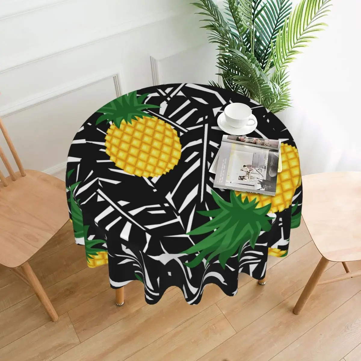 

Black Tropical Leaves Pineapple Decorative Tablecloth Thick Round Party Dining Table Cover Tea Table Cloth