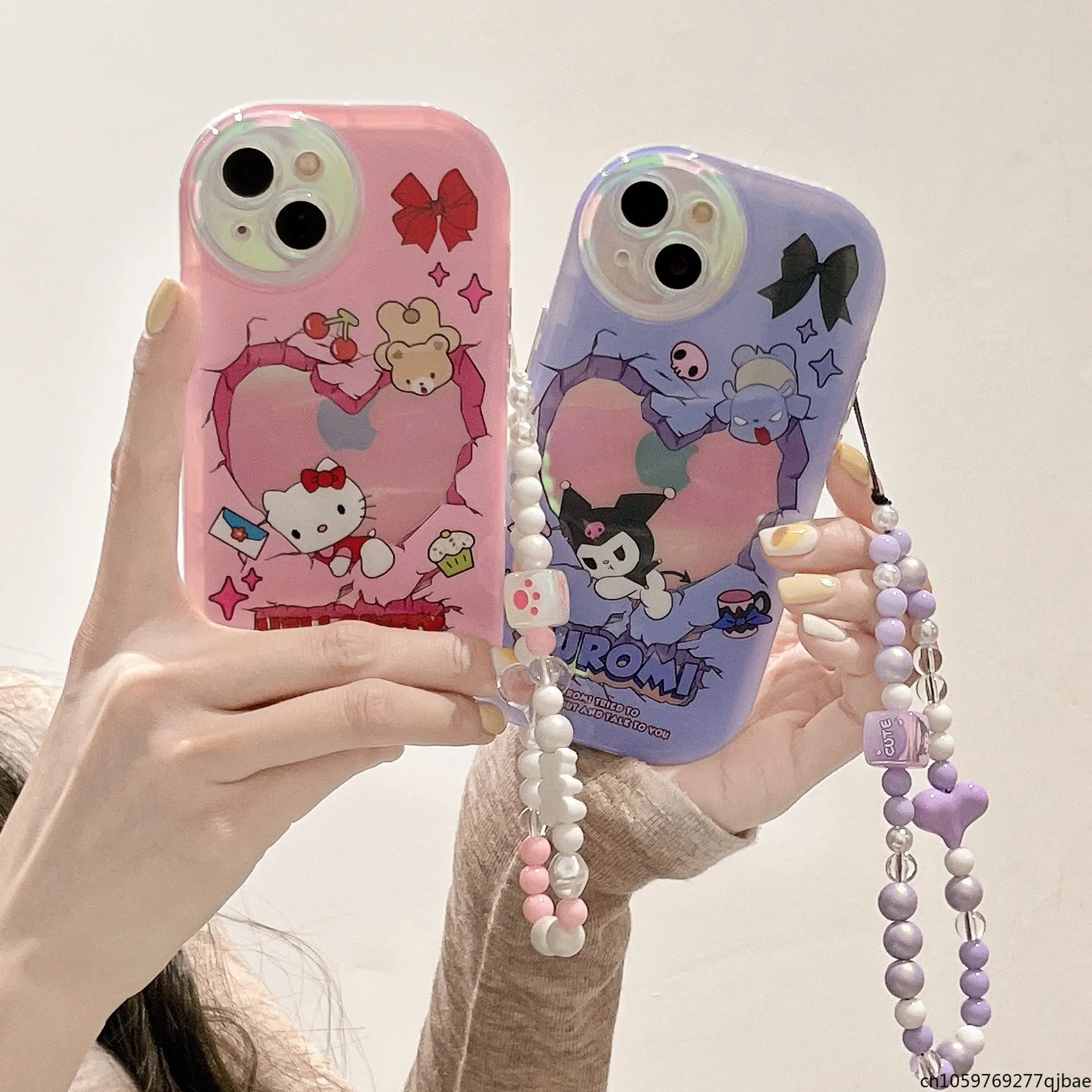 

Sanrio Hello Kitty Kuromi With Lanyard Bracelet Phone Case For iPhone 14 13 12 11 Pro Max Iphone 11 Couple Anti-drop Back Cover