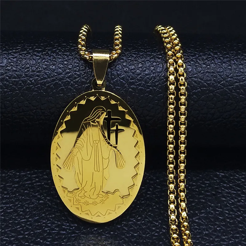 

Catholic Blessed Virgin Mary Stainless Steel Long Necklace Gold Color Multilayer Hip Hop Jewelry collier homme N6006S08