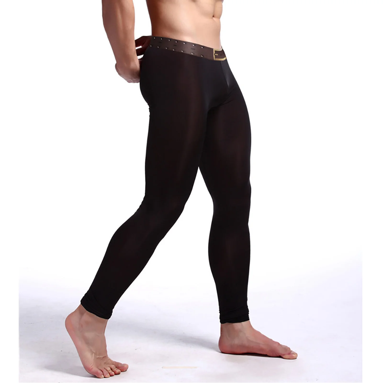 Sexy Mens See Through Ice Silk Ultra-thin Transparent Thermal Leggings Belt Print Tight Pants Underwear