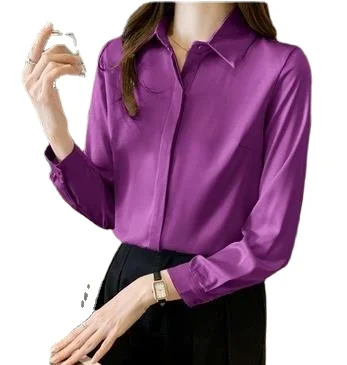 

2022 spring women satin shirts lady full sleeve Shiny satin blouses women work wear office OL shirts formal satin tops