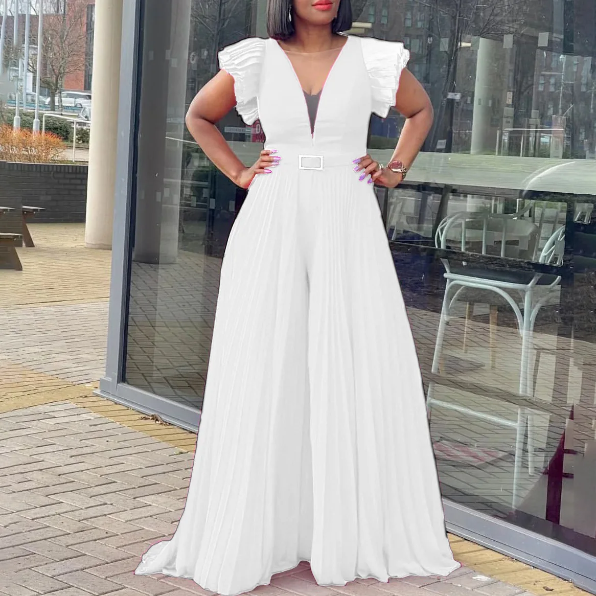 Plus Size Chic And Elegant Women Jumpsuits Ruffle Belt Outfit Lady Outwear Designer Pant 2023 Spring Female Fashion Jumpsuits