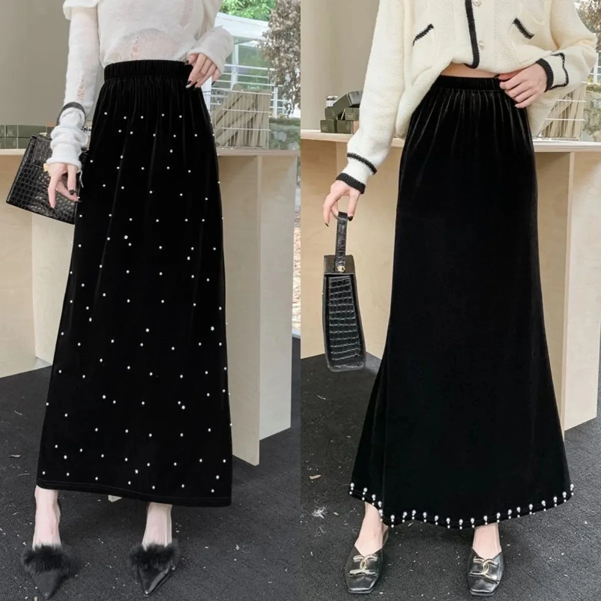 

Oversized 2023 Autumn/Winter New Heavy Work Beaded Gold Velvet Skirt Women's Clothing Elasticity High Waist Slim Skirts BC452