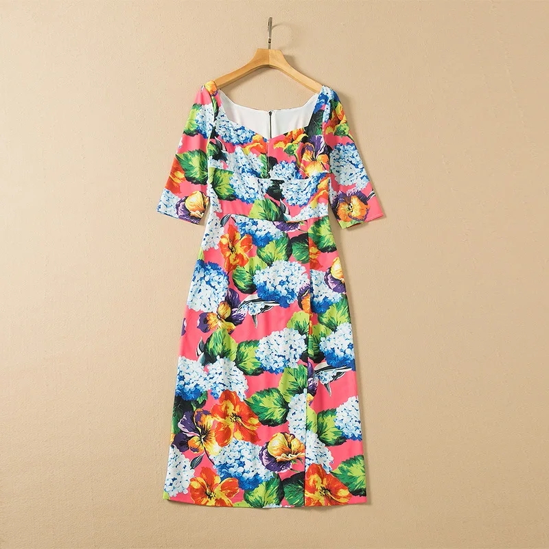 

Женское платье с квадратным вырезом, откровенное облегающее платье во французском стиле с разрезом и принтом, весна-лето 2022