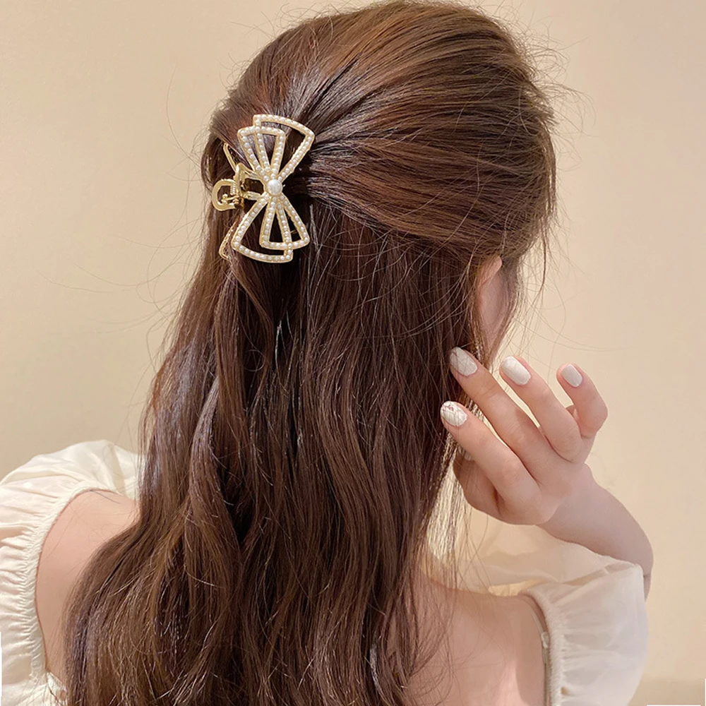 

Korean Elegant Women Crystal Hair Accessories Ponytail Holder Bow Hair Crab Clip Pearl Hair Claw