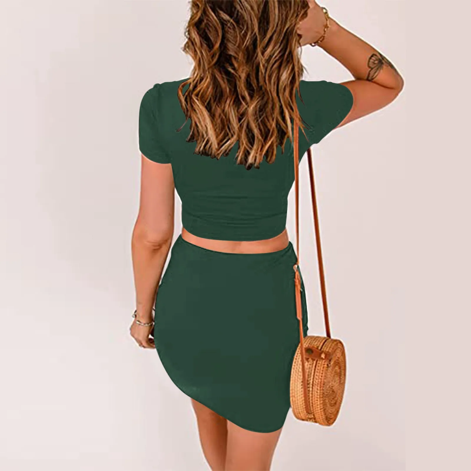 

Women Sexy Solid Color Two Piece Outfits Tight Cross Knots Short Sleve Top Skirts Sets Tops And Skirt 3 Piece Suit Women Office