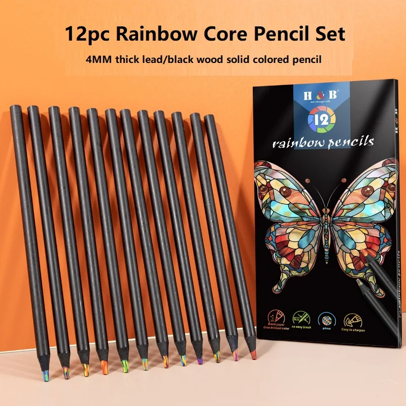 12 шт./компл. HB Радужный постепенный цветной карандаш черного дерева 4 мм свинец