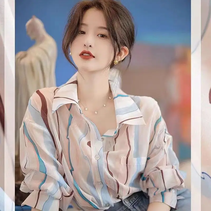

Spring New Print Striped Casual Shirt Tops Ladies Long Sleeve Plus Size Loose Blouse Korean Fashion Chic Women Clothing