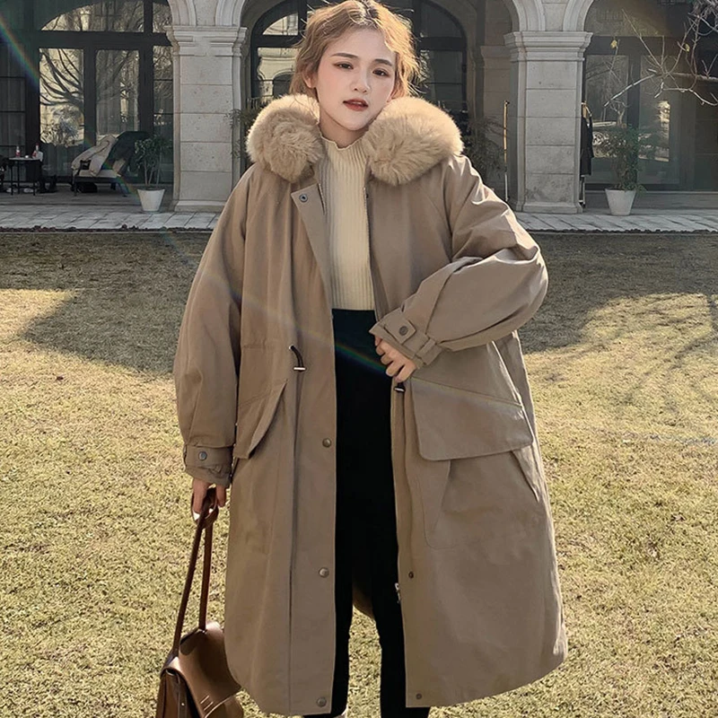 DEODAR 2022 New  Winter Women Cotton Jacket Hooded Detachable Fur Collar Thick Warm Long Coat Snow Wear Padded Loose Parka