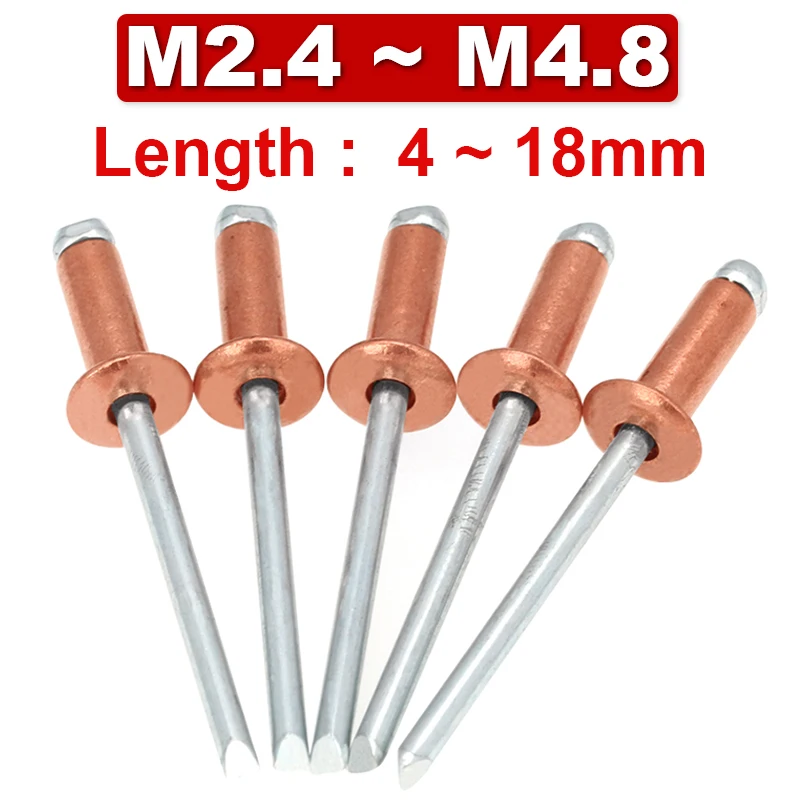 

Red Copper Core Pulling Rivets M2.4 M3.2 M4 M4.8 M5 High Strength Open Type Round Head Copper Pull Nails GB12618.520 Series