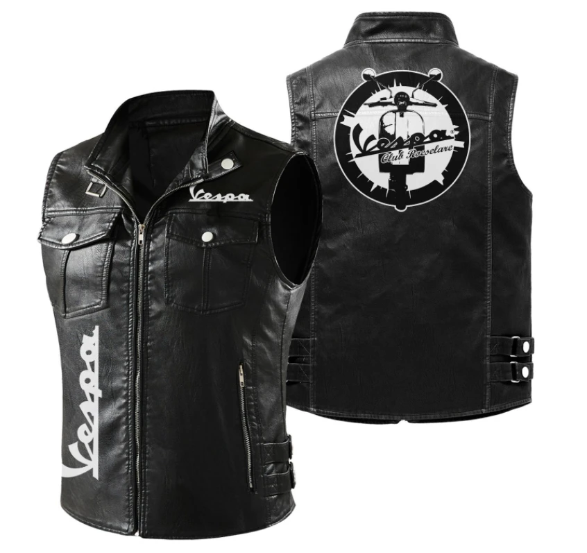 

2023 Spring Autumn Men's VESPA Truck Logo Sleeveless Vest Fashion Motorcycle Zipper Jacket Coat Warm Leather Men's Vest