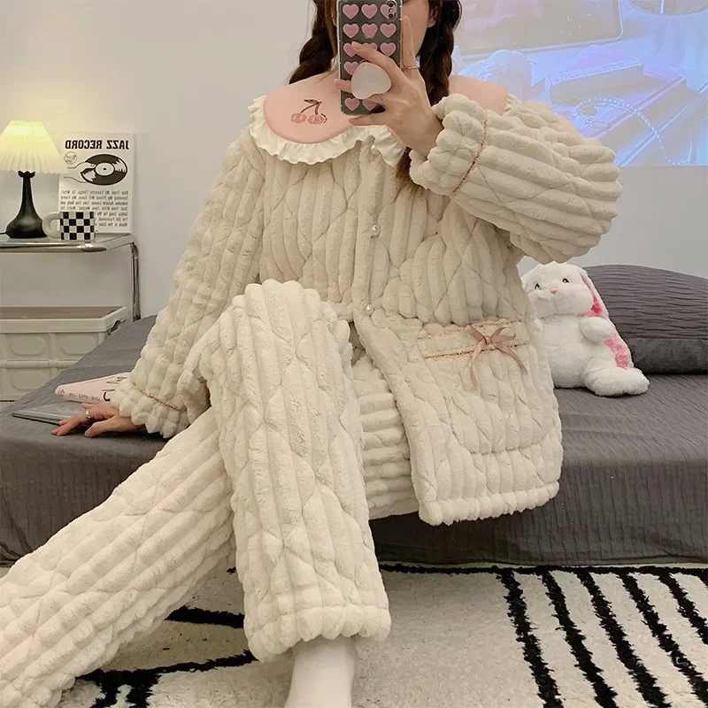 Женский осенне-зимний пижамный комплект из кораллового бархата трехслойная