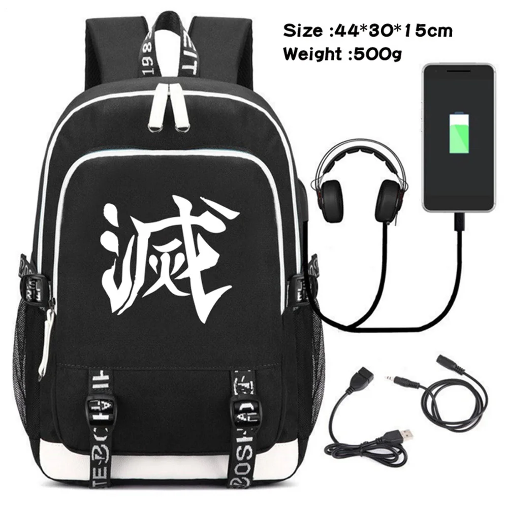 

Demon Slayer Kimetsu no Yaiba USB Charging Headphone Canvas Backpack Teenager Travel Laptop Bag Student Zipper Cartoon Schoolbag