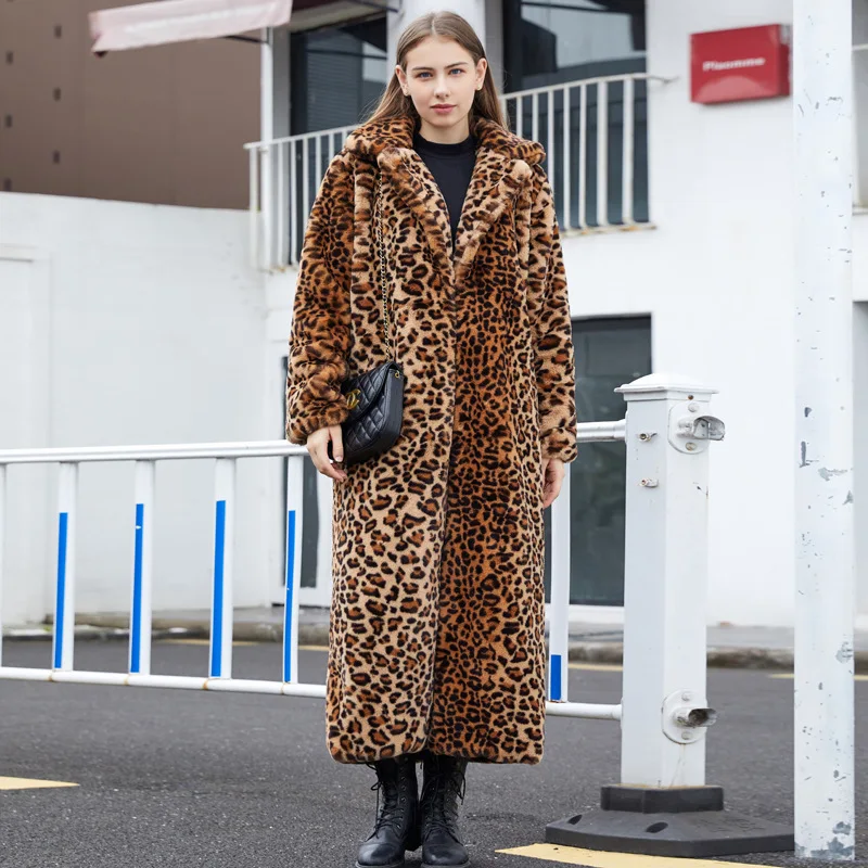 Women's imitation fur leopard rabbit hair super long suit collar fur coat