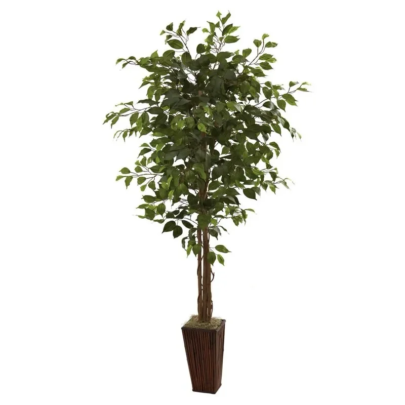 

Stunningly Realistic Ficus Artificial Tree in Green Bamboo Planter, Perfect Office or Home Decoration.