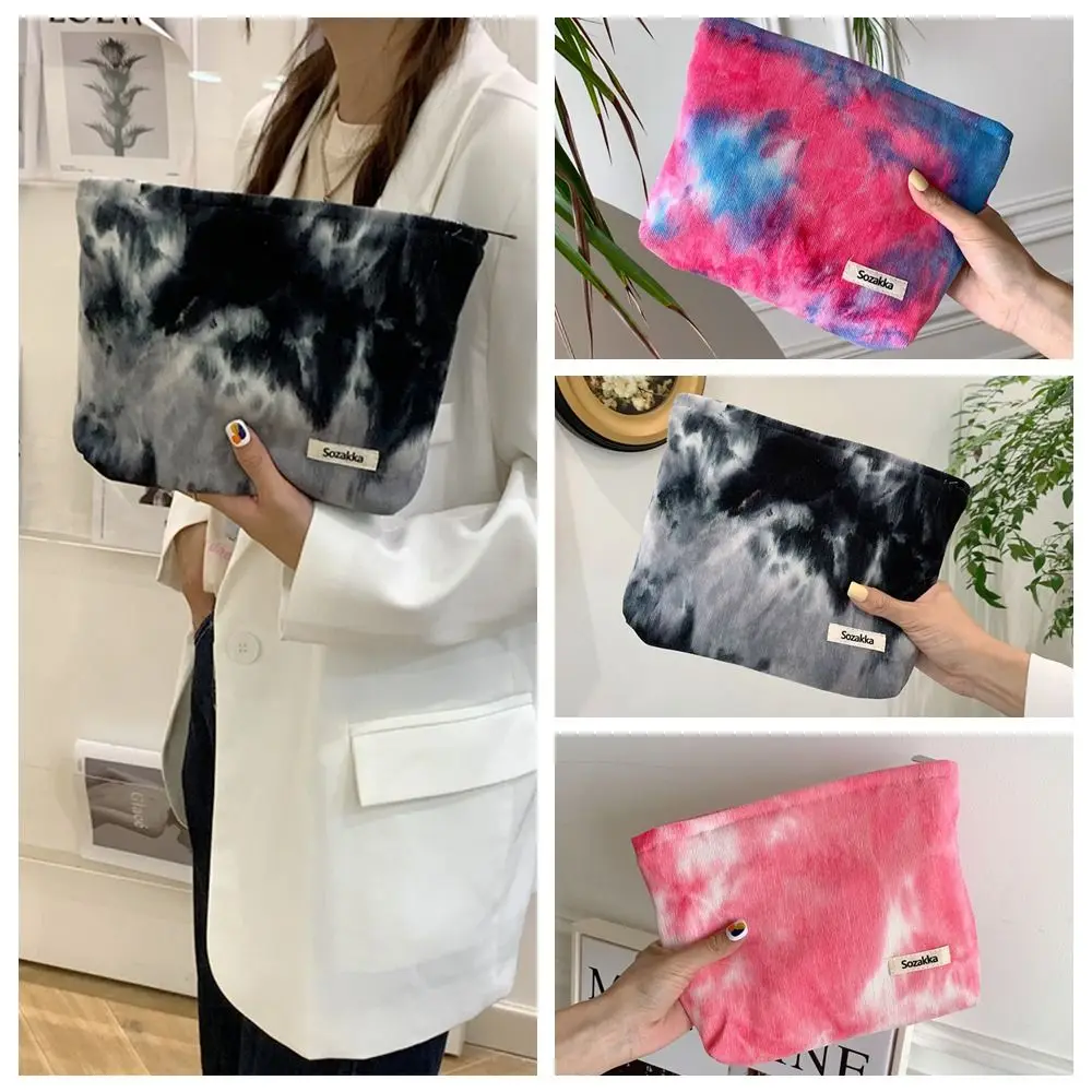 

Tie Dye Corduroy Makeup Bag Simple Gradual Color Zipper Organizer Cosmetic Pouch Travel