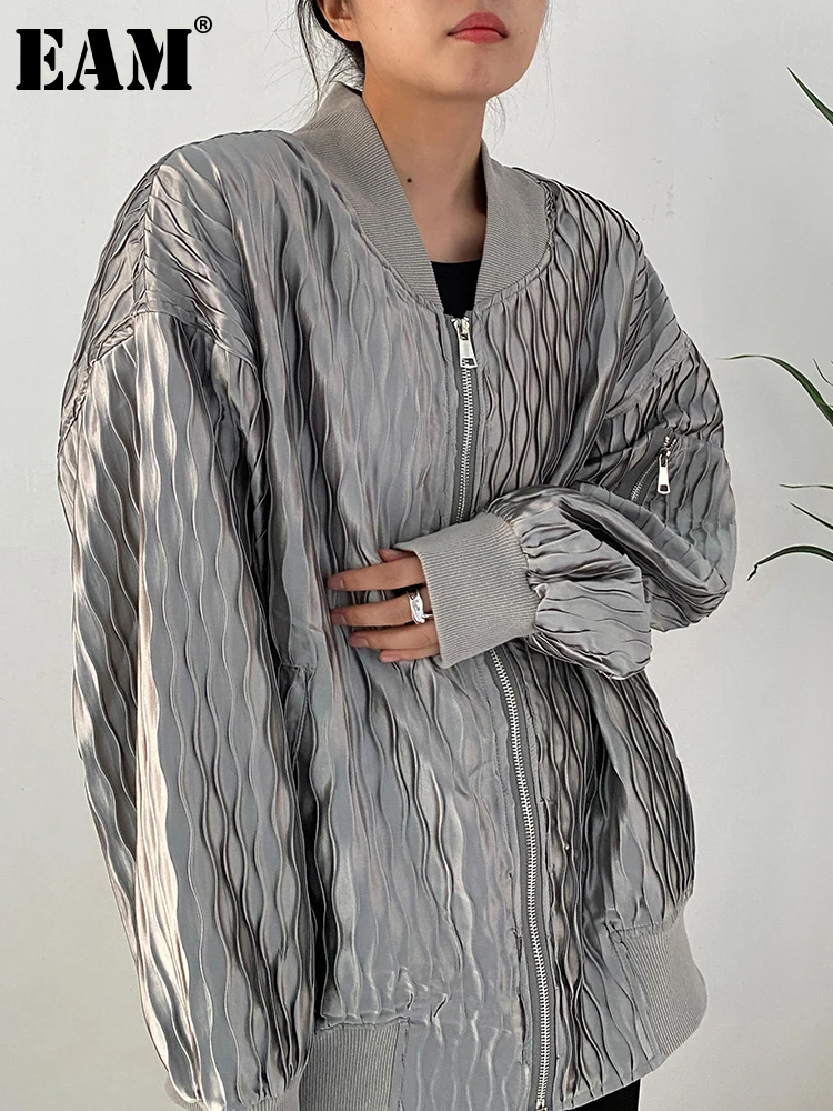 

[EAM] Свободная куртка серебристого и серого цвета большого размера, Новое Женское пальто с воротником-стойкой и длинным рукавом, модная весенне-осенняя 2023 1DF1532