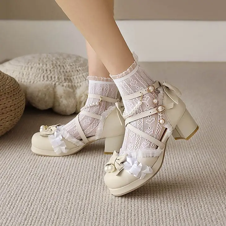 

Girls Sweet Chunky Platform Lolita shoes heels Bowknot Lace Bridal Wedding Shoes Women High Heel Bordered mary janes women 2022