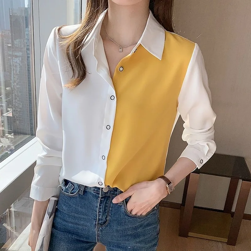 Fashion Color Splicing Button Chiffon Shirt Women's Clothing 2023 Spring New Streetwear Long Sleeve Lapel Casual Blouse Female
