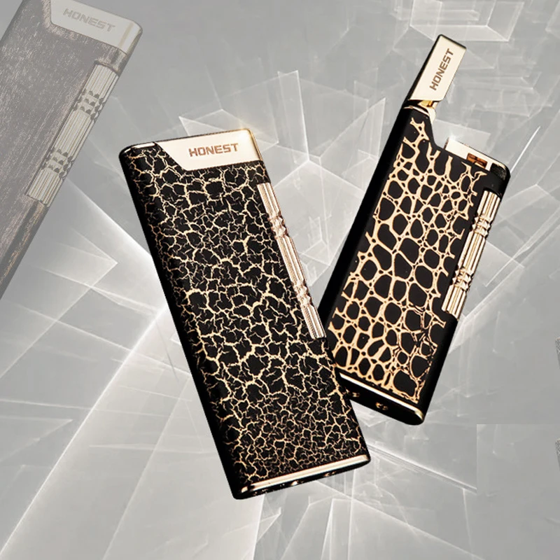 

Новинка, модная Бутановая газовая зажигалка, надуваемая зажигалка с косым пламенем и красным огнем, шлифовальный круг, узкие боковые скольж...