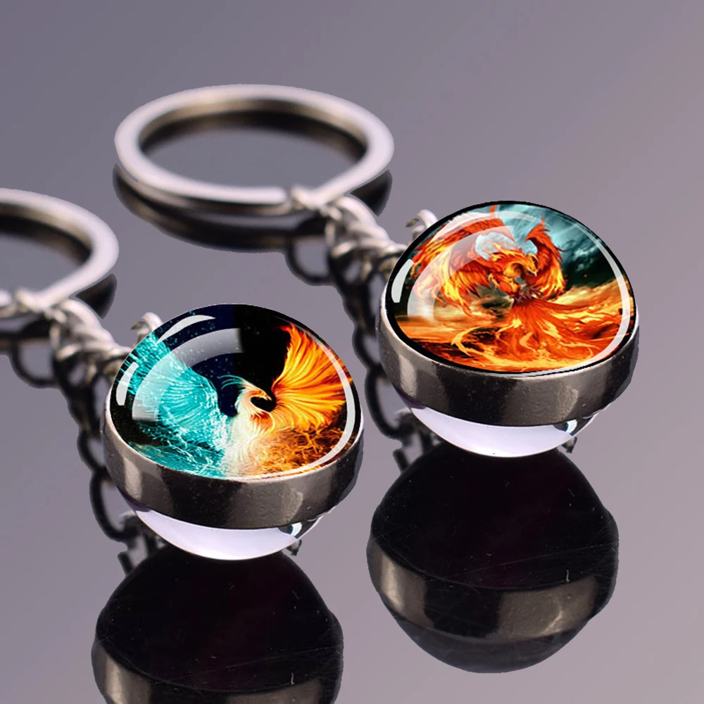 

Fire Phoenix Glass Ball Keychains Double Sided Car Key Chain Wooden Craft Pendant Keyring Yin Yang Birds Animals Jewelry Gift