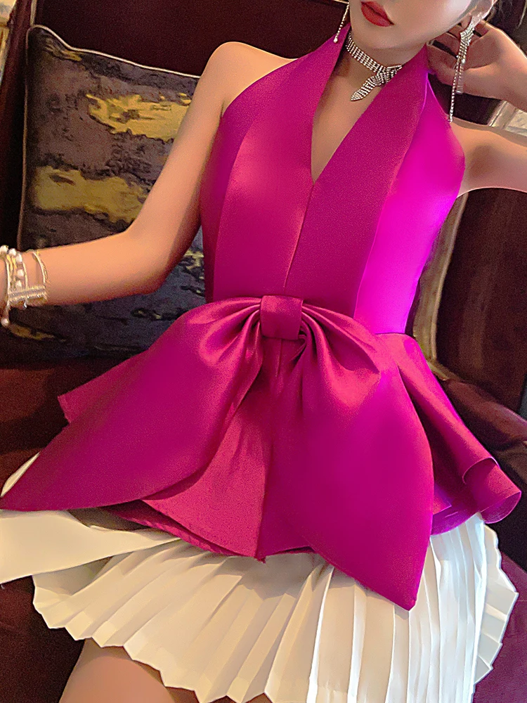 

Pink Red Color Women Kawaii Bowknot Shirt Summer Sleeveless Solid Backless Tanks Camis Female Fashion Clothing