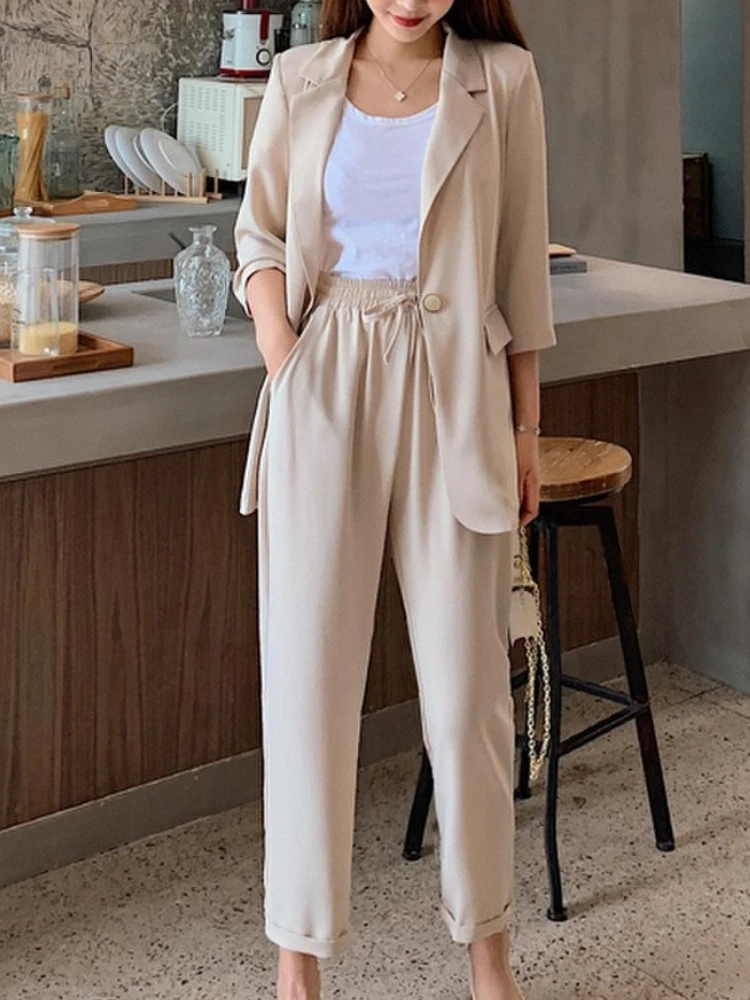 

Women's Spring Summer Casual Office Suit Solid Color Blazer Pantsuits Button Jacket And Straight Pant 2 Piece Set Female Outfits
