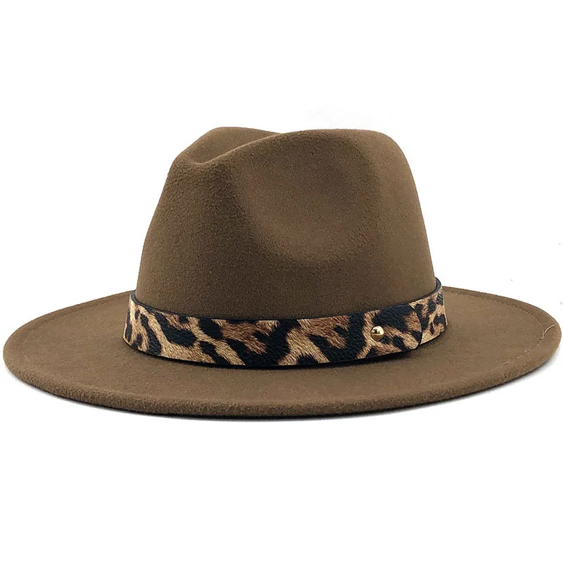 

Fedora Hat For Women Men Hot Suede Leopard belt Winter Autumn Elegant Lady Gangster Trilby Felt Homburg Church Jazz Hat 55-58CM
