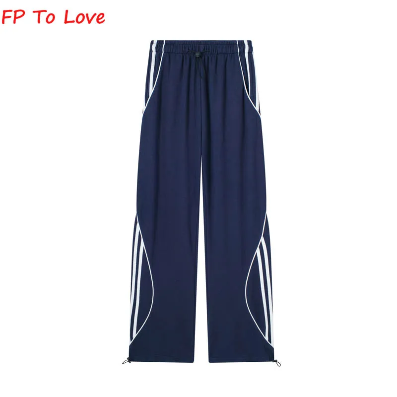 

OOTD Side Striped Cargo Pants Wide Leg Long Trousers Sporty Shirring Blue Design Stylish Patchwork Quality Grey Black Sweatpants