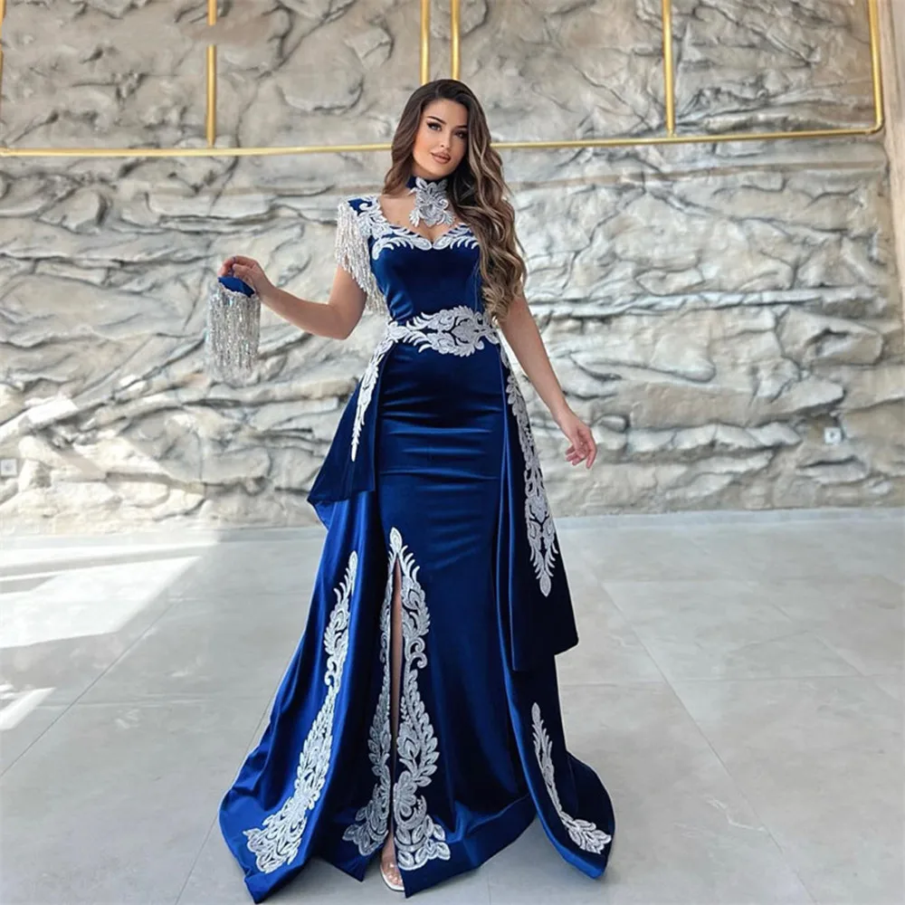 

Moroccan Caftan Evening Dress Appliques Lace Cap Sleeve Royal Blue Mermaid Slit Velvet Arabic Prom Gowns Party Dress 2022