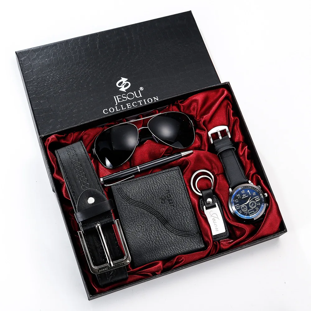 

6pcs/set Boutique Gift Set Glasses + belt + purse + keychain + large dial quartz watch + pen