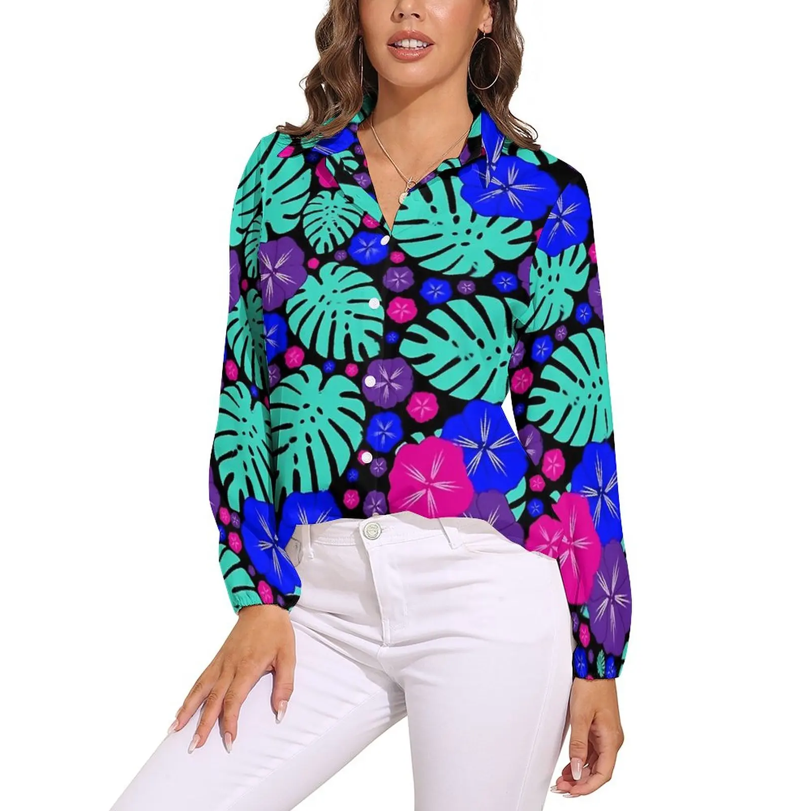 

Tropical Floral Blouse Hibiscus Print Pretty Design Blouses Female Street Wear Shirt Autumn Long Sleeve Oversized Top