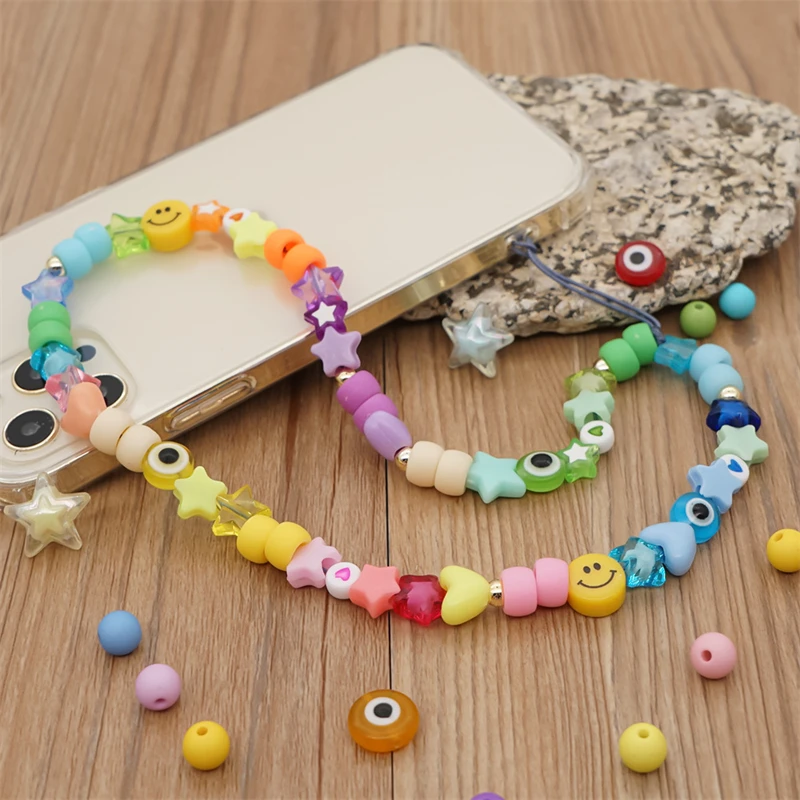 

Bohemian Acrylic Frosted Five-pointed Star Smiley Love Beaded Mobile Phone Chain Women's Anti-lost Mobile Phone HangingChain