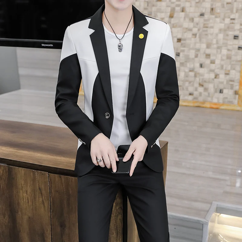 

2022 Spring New Mens Striped Color Matching Suit Youth Slim-Fit Trendy Handsome Fashion Tailored Suit Two Pieces