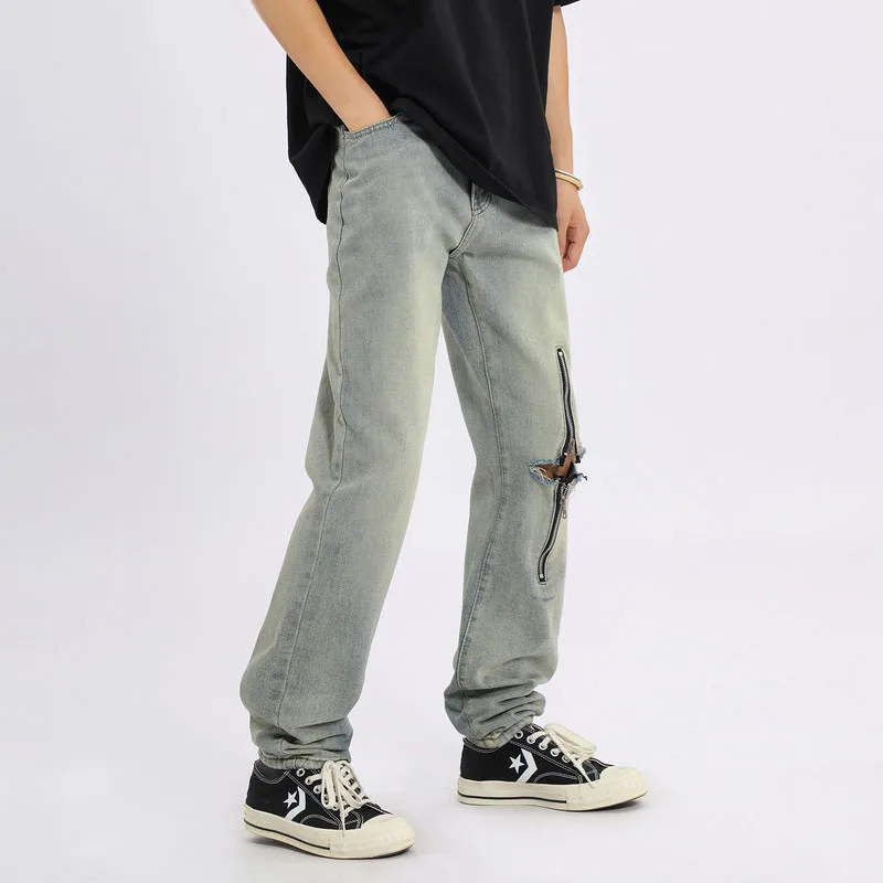 

Men Jeans Zippers Knee Hole 2022 Spring Autumn Fashion Streetwear Elastic Male Straight Denim Trousers Casual Hip Hop Pants