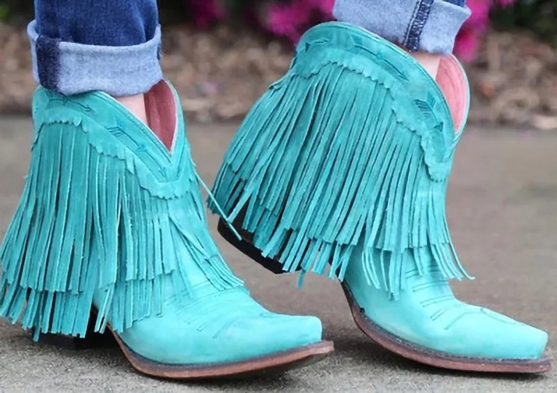 Tassel Western Cowboy Boots Women Fashion Chunky Heels Cowgirl Boots Winter Slip On Female Big Size 43 Ankle Boots