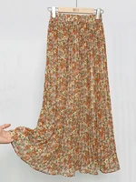 qooth women summer chiffon floral print skirt high waist a line elegant skirts beach many colors mid length skirt qt1615