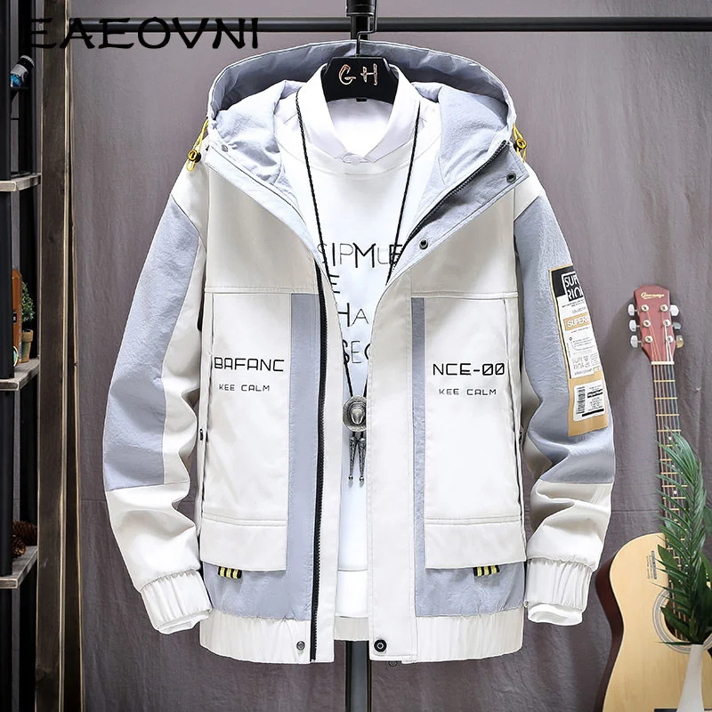 

EAEOVNI Fashion Mens Hooded Jacket Japanese Streetwear Autumn Winter Jacket Men Hoodie Outwear Coat Patchwork Letter Jackets Top