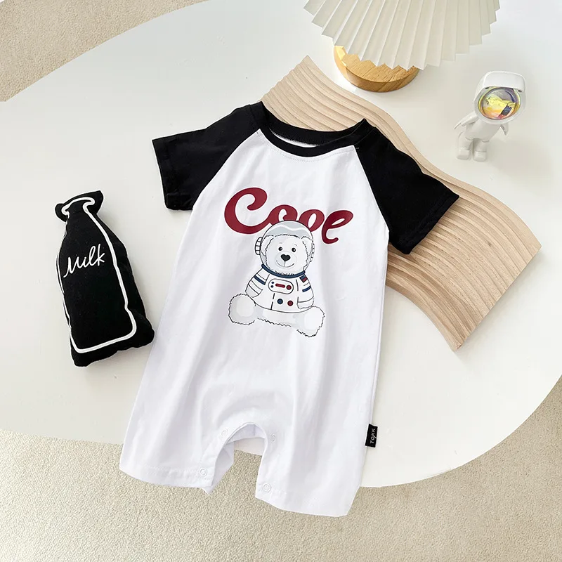 

Summer Baby Boys One-pieces Newborn Cartoonbear Letter Print Raglan Sleeve Jumpsuit Casual Cotton Infant Romper