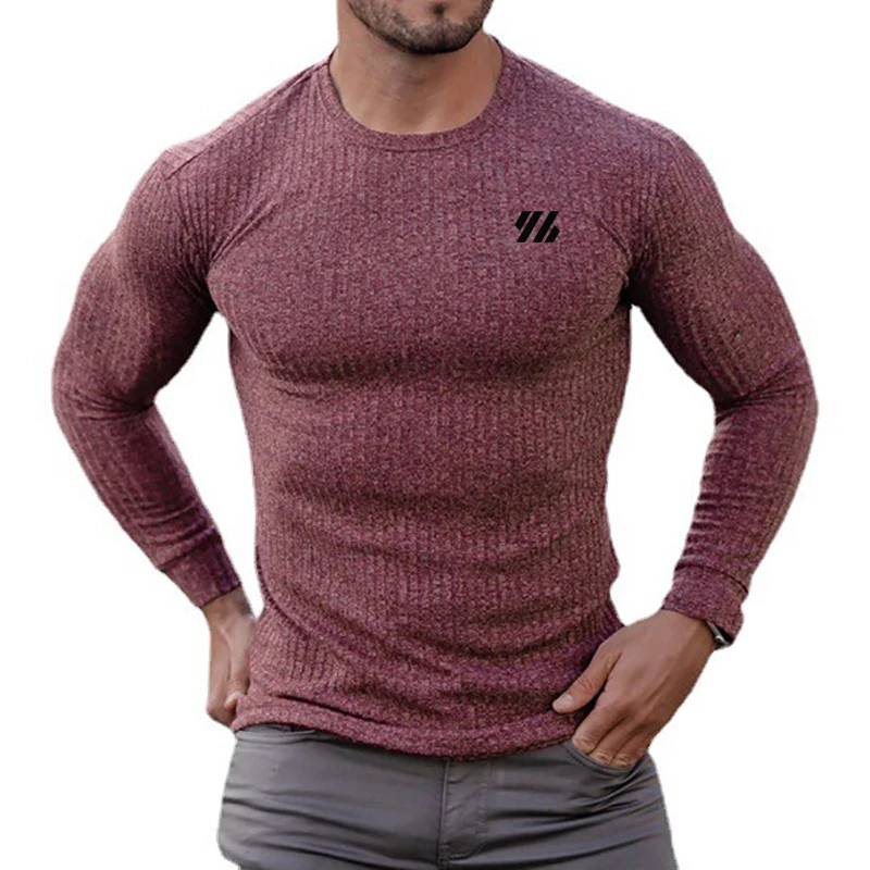Осенняя мода дышащая мужская облегающая трикотажная одежда с круглым вырезом