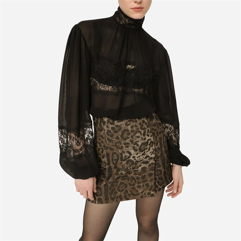 Y2k Новинка весна-лето женская рубашка с высоким воротником из кружевной сетки
