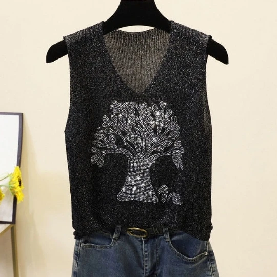 Женская летняя майка-жилет с V-образным вырезом и кристаллами |