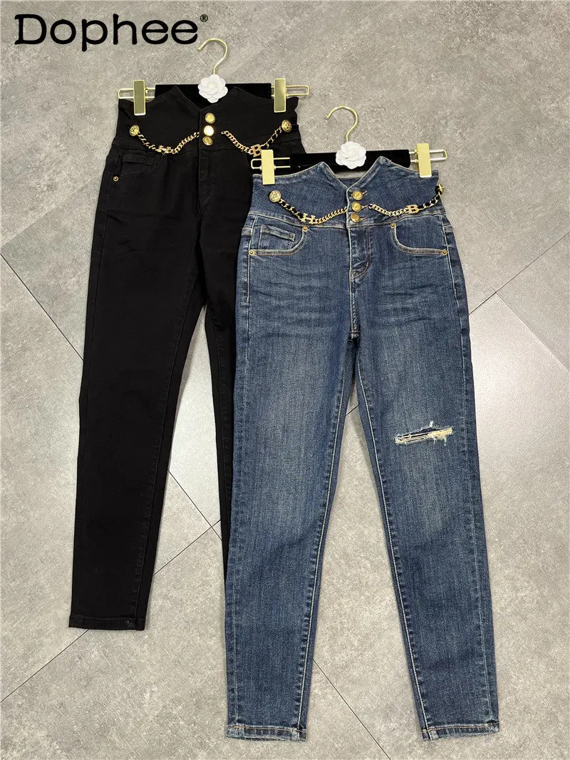 2022 Autumn Winter Heavy Rhinestone Letter Chain High Waist Jeans Women's Stretch Slimming Ripped Skinny Denim Pants High Street