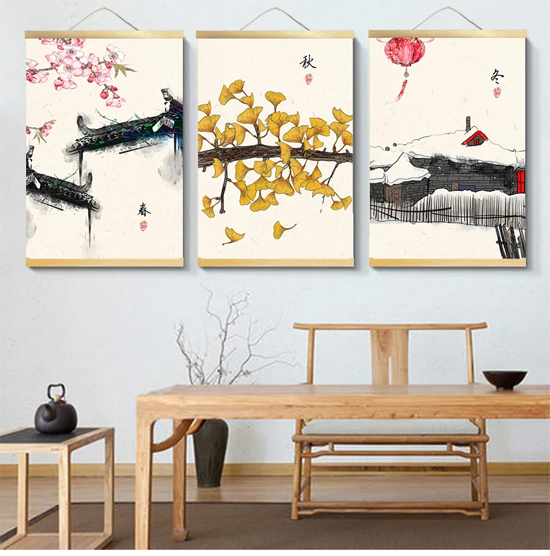 

chinese style four Seasons canvas decorative painting bedroom living room wall art solid wood scroll paintings Customizable