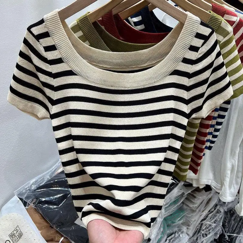 

Summer Ice Silk Thin Striped T Shirts Women Short Sleeve T-shirt High Strecth O Neck Slim Base Short Solid Top Summer Crop Top